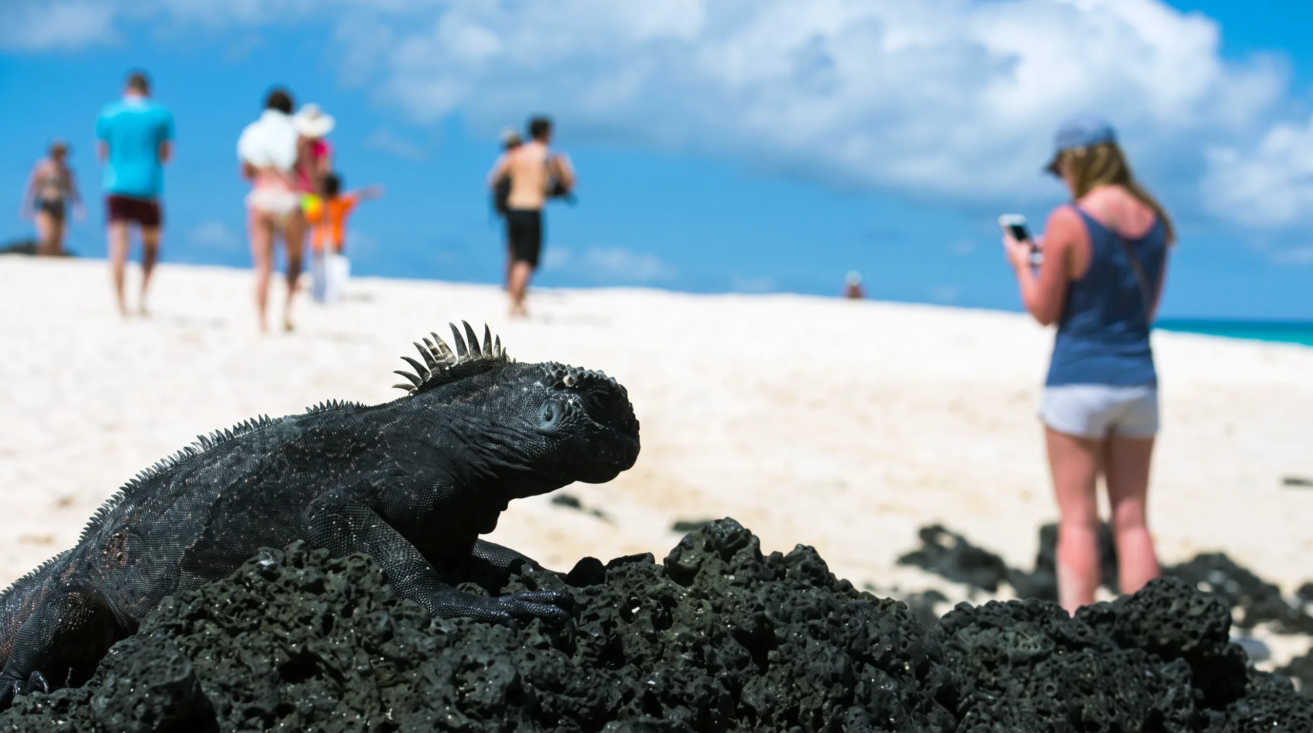 Traveler checking WiFi signal on a Galapagos Islands liveaboard