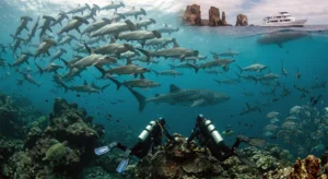 Schooling hammerhead sharks at Darwin and Wolf, dived by liveaboard in the Galapagos